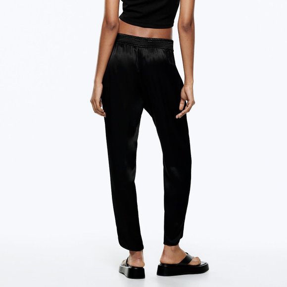 NWT Zara Black Satin High Waist Jogger Slit Hem Pants - Picture 4 of 7